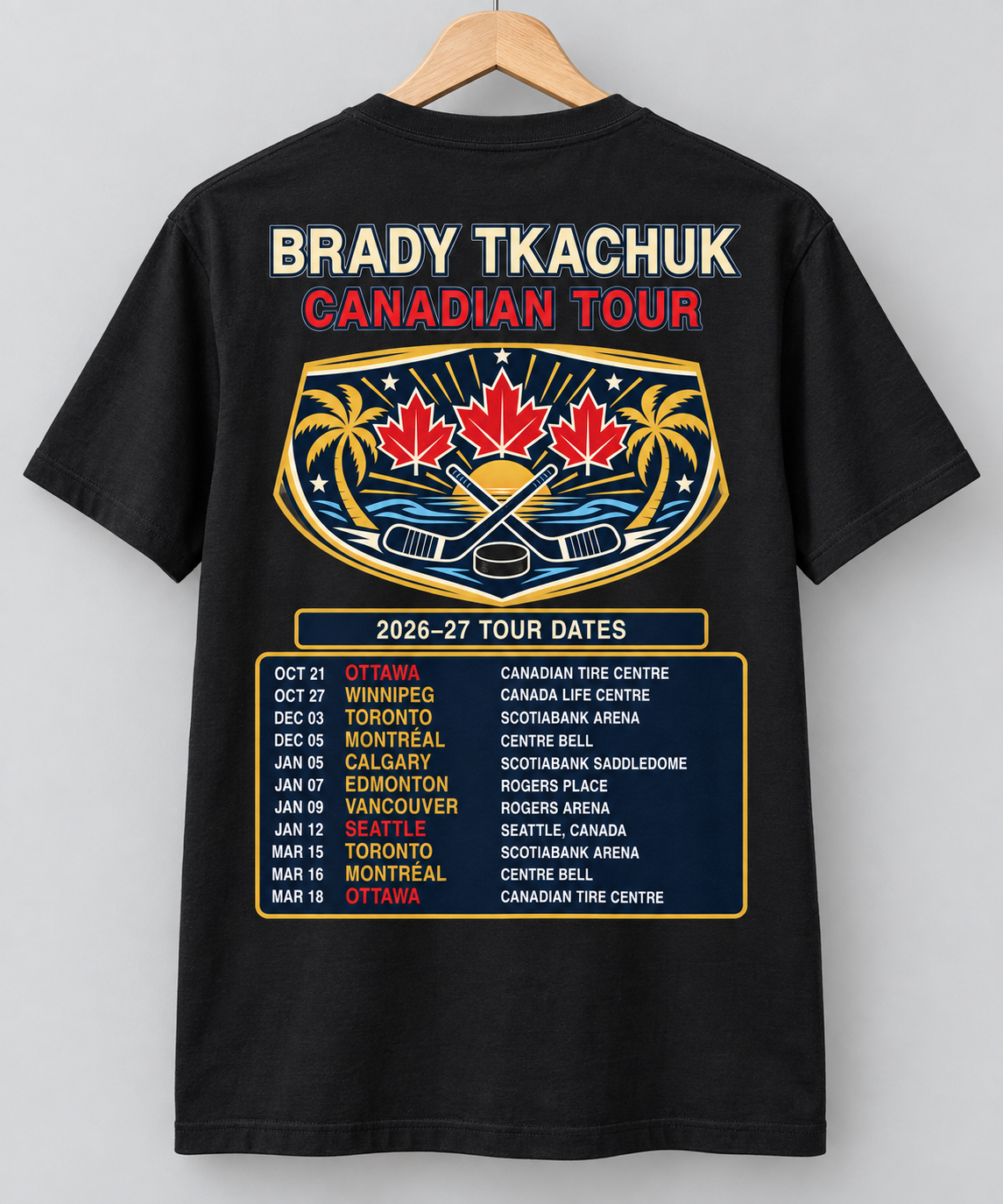 Brady Tkachuk Canadian Tour T-Shirt back graphic with 2026-27 tour dates